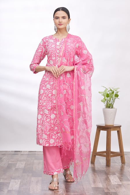 Khwaab by Sanjana Lakhani Pink Embroidered Cotton Kurta Set 