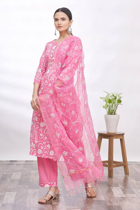 Samyukta Singhania Pink Cotton, Kota Doria Patti Round Neck Embroidered Kurta Set Online at Aza Fashions Samyukta Singhania_Pink Cotton, Kota Doria Patti Round Neck Embroidered Kurta Set_Online_at_Aza_Fashions
