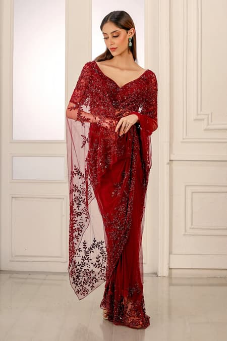 Shop_Kashmiraa_Red Net Floral Motifs Passion Embellished Saree _at_Aza_Fashions