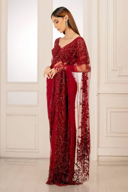 Kashmiraa_Red Net Floral Motifs Passion Embellished Saree _Online_at_Aza_Fashions