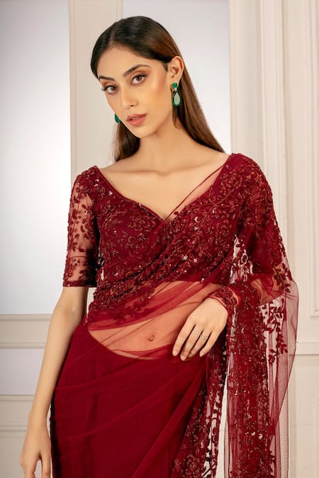 Shop_Kashmiraa_Red Net Floral Motifs Passion Embellished Saree _Online_at_Aza_Fashions