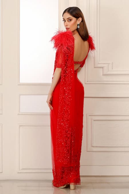 Shop Kashmiraa Red Net Floral Motifs Scarlet Saree at Aza Fashions Shop_Kashmiraa_Red Net Floral Motifs Scarlet Saree _at_Aza_Fashions