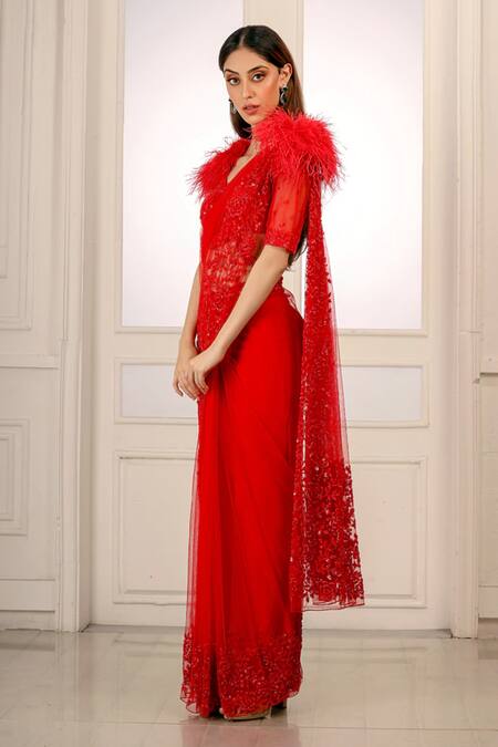 Kashmiraa Red Net Floral Motifs Scarlet Saree Online at Aza Fashions Kashmiraa_Red Net Floral Motifs Scarlet Saree _Online_at_Aza_Fashions