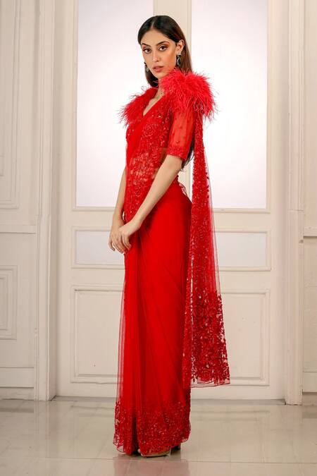 Buy Kashmiraa Red Net Floral Motifs Scarlet Saree Online at Aza Fashions Buy_Kashmiraa_Red Net Floral Motifs Scarlet Saree _Online_at_Aza_Fashions