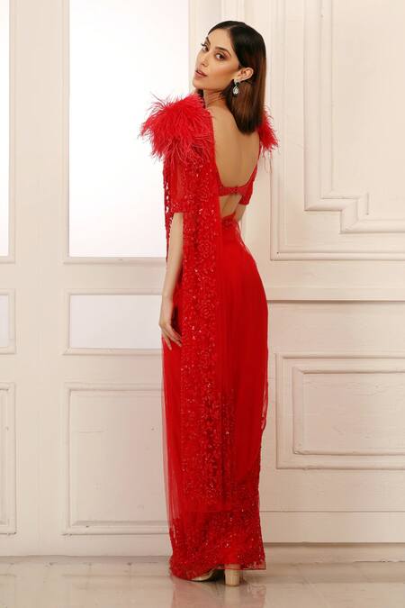 Shop Kashmiraa Red Net Floral Motifs Scarlet Saree Online at Aza Fashions Shop_Kashmiraa_Red Net Floral Motifs Scarlet Saree _Online_at_Aza_Fashions