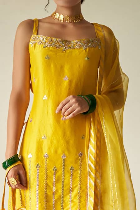 Kanika Sharma_Yellow Kurta Pure Dupion Sharara Georgette Dupatta Organza Embroidered Set_Online_at_Aza_Fashions