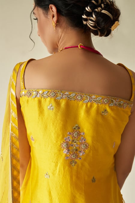 Buy_Kanika Sharma_Yellow Kurta Pure Dupion Sharara Georgette Dupatta Organza Embroidered Set_Online_at_Aza_Fashions