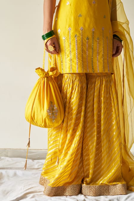 Shop_Kanika Sharma_Yellow Kurta Pure Dupion Sharara Georgette Dupatta Organza Embroidered Set_Online_at_Aza_Fashions
