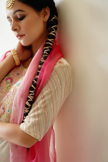 Shop_Kanika Sharma_White Kurta Georgette Dupatta Organza Round Embroidered Set_Online_at_Aza_Fashions