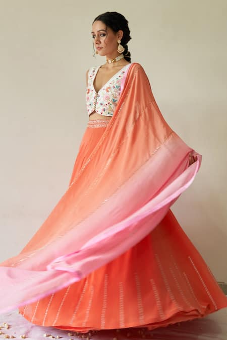 Kanika Sharma_Peach Blouse Tussar Cotton Lehenga And Dupatta Georgette V Embroidered & Set _Online_at_Aza_Fashions