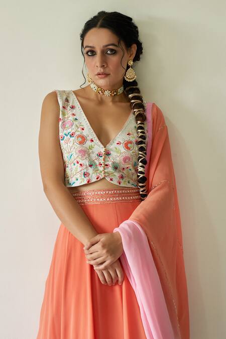 Buy_Kanika Sharma_Peach Blouse Tussar Cotton Lehenga And Dupatta Georgette V Embroidered & Set _Online_at_Aza_Fashions