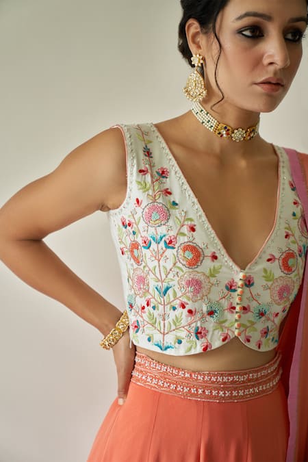 Shop_Kanika Sharma_Peach Blouse Tussar Cotton Lehenga And Dupatta Georgette V Embroidered & Set _Online_at_Aza_Fashions