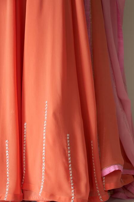 Kanika Sharma_Peach Blouse Tussar Cotton Lehenga And Dupatta Georgette V Embroidered & Set _at_Aza_Fashions
