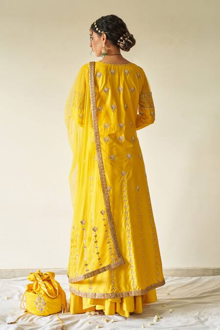 Shop_Kanika Sharma_Yellow Jacket And Lehenga Summer Silk Dupatta Net Embroidery Round & Skirt Set _at_Aza_Fashions