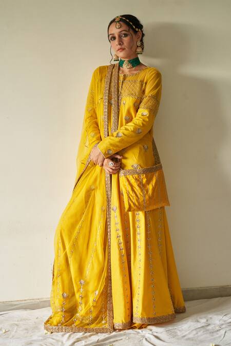 Buy_Kanika Sharma_Yellow Jacket And Lehenga Summer Silk Dupatta Net Embroidery Round & Skirt Set _Online_at_Aza_Fashions