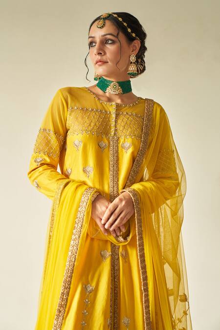 Shop_Kanika Sharma_Yellow Jacket And Lehenga Summer Silk Dupatta Net Embroidery Round & Skirt Set _Online_at_Aza_Fashions