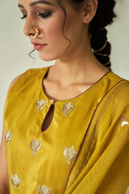 Shop_Kanika Sharma_Yellow Kurta Summer  Dupatta Chanderi Round Embroidered Set _Online_at_Aza_Fashions