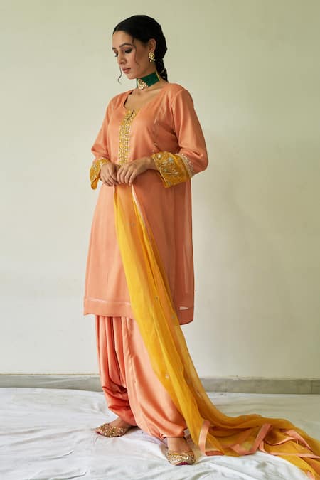 Kanika Sharma_Peach , Satin, Organza Embroidery, Diamonds Kurta Set_Online_at_Aza_Fashions