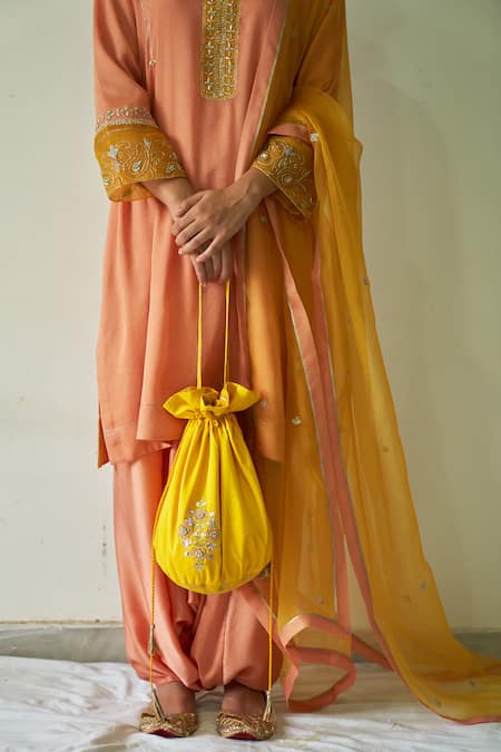 Kanika Sharma_Peach , Satin, Organza Embroidery, Diamonds Kurta Set_at_Aza_Fashions