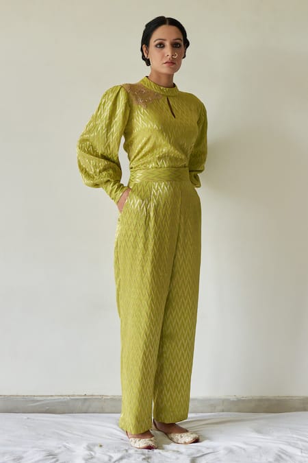 Kanika Sharma_Green Georgette Round Leheriya Jumpsuit _Online_at_Aza_Fashions