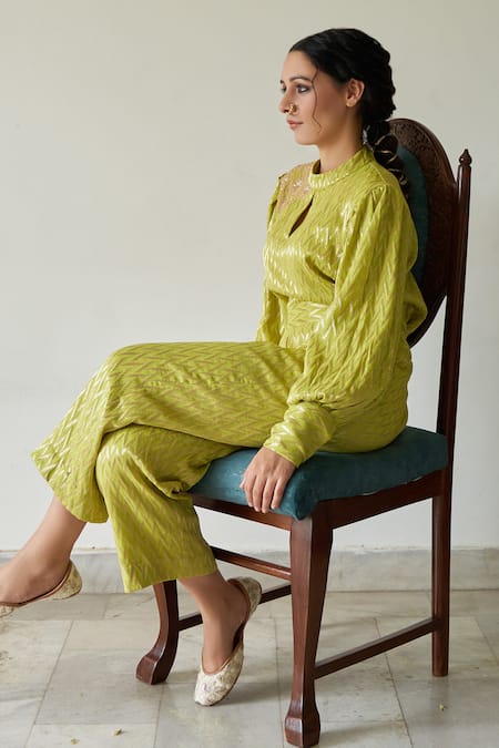 Buy_Kanika Sharma_Green Georgette Round Leheriya Jumpsuit _Online_at_Aza_Fashions