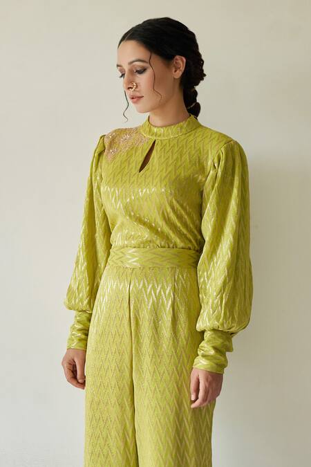 Shop_Kanika Sharma_Green Georgette Round Leheriya Jumpsuit _Online_at_Aza_Fashions