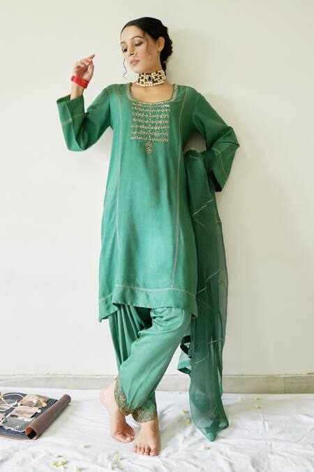 Kanika Sharma Green Kurta Tussar Salwar Satin Dupatta Embroidered Set Online at Aza Fashions Kanika Sharma_Green Kurta Tussar Salwar Satin Dupatta Embroidered Set_Online_at_Aza_Fashions