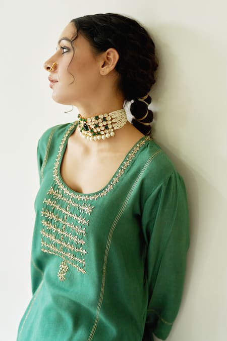 Shop Kanika Sharma Green Kurta Tussar Salwar Satin Dupatta Embroidered Set Online at Aza Fashions Shop_Kanika Sharma_Green Kurta Tussar Salwar Satin Dupatta Embroidered Set_Online_at_Aza_Fashions