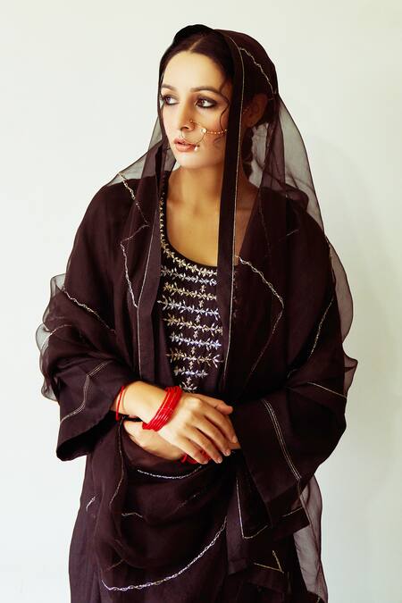 Buy_Kanika Sharma_Black Kurta Tussar  Salwar Satin Dupatta Embroidered Set_Online_at_Aza_Fashions