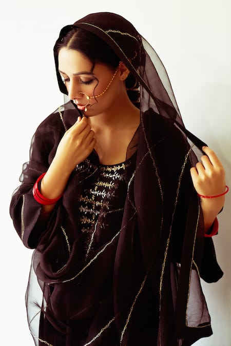 Shop_Kanika Sharma_Black Kurta Tussar  Salwar Satin Dupatta Embroidered Set_Online_at_Aza_Fashions