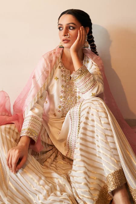 Shop_Kanika Sharma_Beige Kurta Pure Dupion Sharara Georgette Dupatta Organza Embroidery Set _at_Aza_Fashions