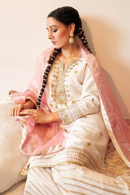 Kanika Sharma_Beige Kurta Pure Dupion Sharara Georgette Dupatta Organza Embroidery Set _Online_at_Aza_Fashions