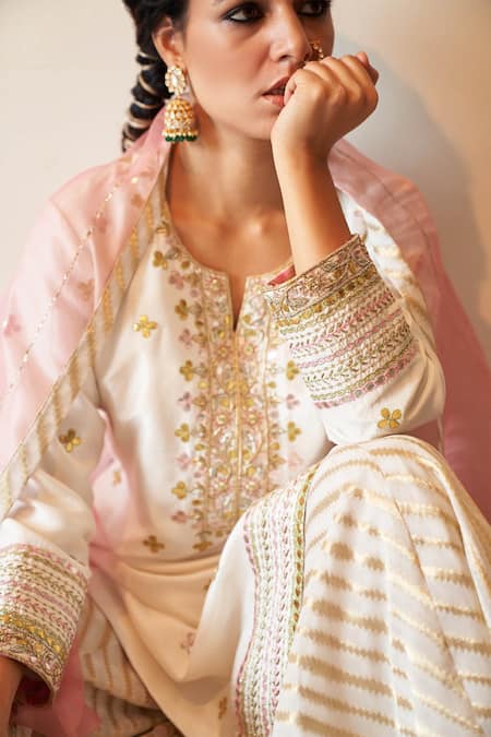 Buy_Kanika Sharma_Beige Kurta Pure Dupion Sharara Georgette Dupatta Organza Embroidery Set _Online_at_Aza_Fashions
