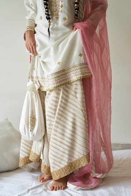 Kanika Sharma_Beige Kurta Pure Dupion Sharara Georgette Dupatta Organza Embroidery Set _at_Aza_Fashions
