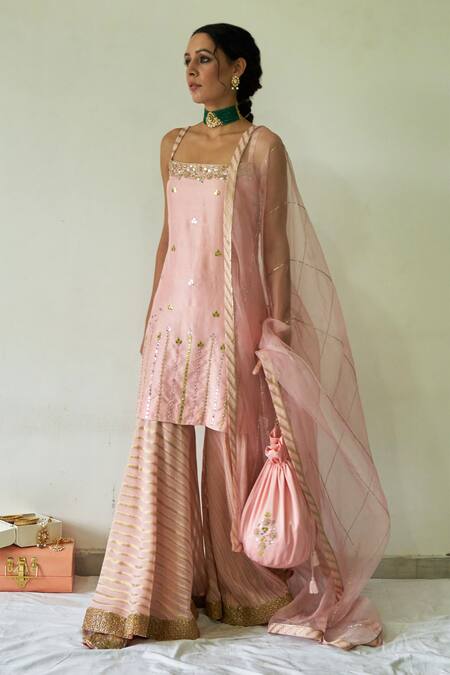 Kanika Sharma_Pink Kurta Pure Dupion Sharara Georgette Dupatta Organza Embroidered Set _Online_at_Aza_Fashions