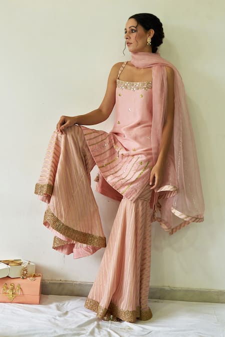 Buy_Kanika Sharma_Pink Kurta Pure Dupion Sharara Georgette Dupatta Organza Embroidered Set _Online_at_Aza_Fashions