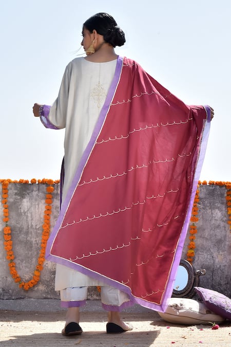 Shop_Kanika Sharma_Grey Kurta Tussar  Pant Satin Hand Embroidered Palazzo Set _at_Aza_Fashions