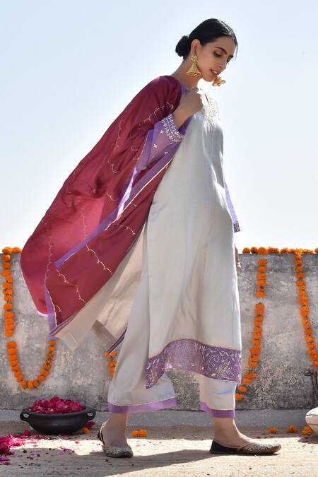 Kanika Sharma_Grey Kurta Tussar  Pant Satin Hand Embroidered Palazzo Set _Online_at_Aza_Fashions