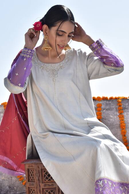 Buy_Kanika Sharma_Grey Kurta Tussar  Pant Satin Hand Embroidered Palazzo Set _Online_at_Aza_Fashions