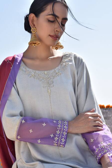 Shop_Kanika Sharma_Grey Kurta Tussar  Pant Satin Hand Embroidered Palazzo Set _Online_at_Aza_Fashions