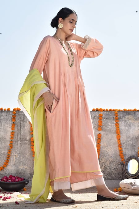 Kanika Sharma_Peach Kurta Tussar  Pant Satin Hand Embroidered Palazzo Set_Online_at_Aza_Fashions