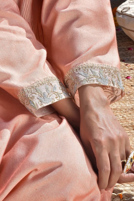 Buy_Kanika Sharma_Peach Kurta Tussar  Pant Satin Hand Embroidered Palazzo Set_Online_at_Aza_Fashions