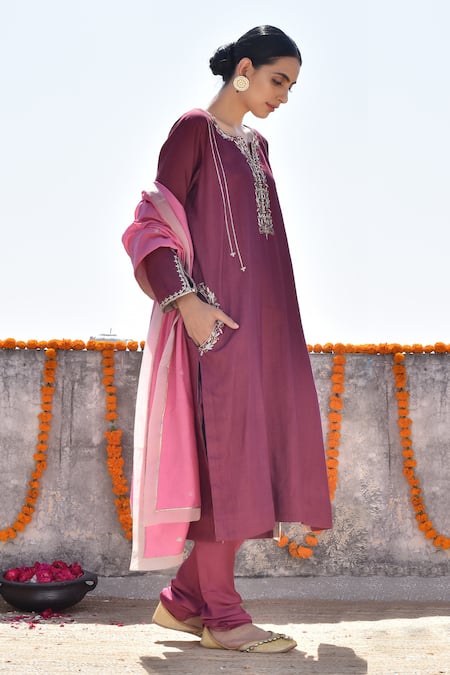Kanika Sharma_Maroon Tussar, Cotton Satin, Cotton, Silk Embroidery Hand Kurta Set_Online_at_Aza_Fashions