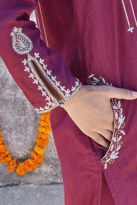 Shop_Kanika Sharma_Maroon Tussar, Cotton Satin, Cotton, Silk Embroidery Hand Kurta Set_Online_at_Aza_Fashions