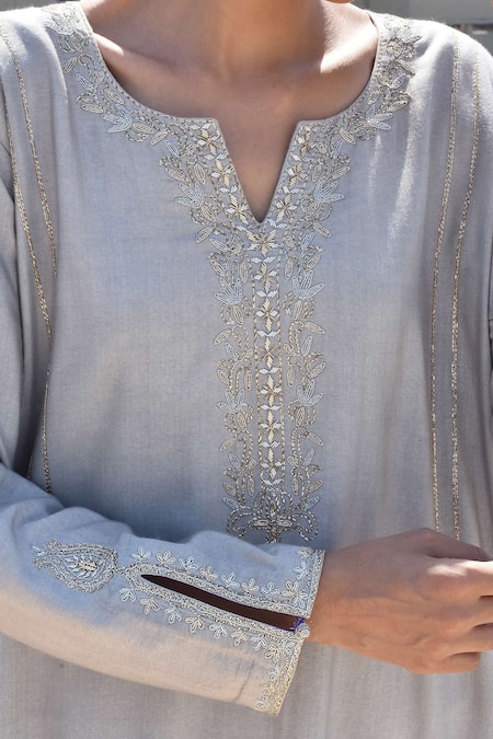 Buy_Kanika Sharma_Grey Kurta Tussar  Pant Satin Dupatta Hand Embroidered Set_Online_at_Aza_Fashions