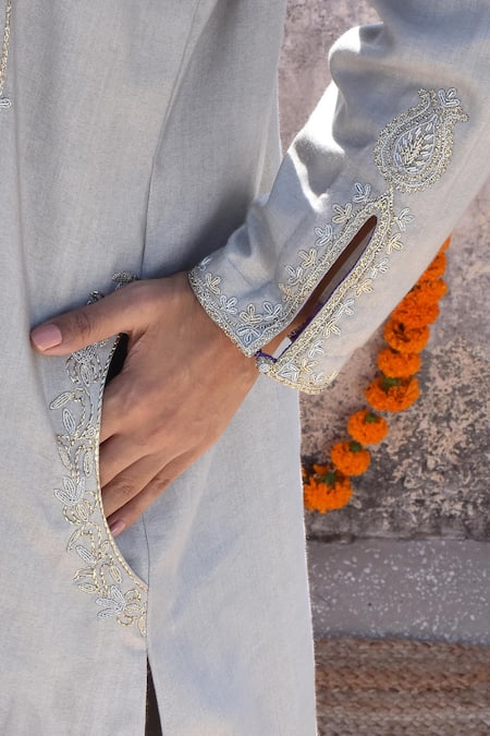 Shop_Kanika Sharma_Grey Kurta Tussar  Pant Satin Dupatta Hand Embroidered Set_Online_at_Aza_Fashions