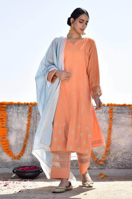 Kanika Sharma_Orange Tussar, Cotton Satin, Cotton, Silk Embroidery Hand Kurta Pant Set_Online_at_Aza_Fashions
