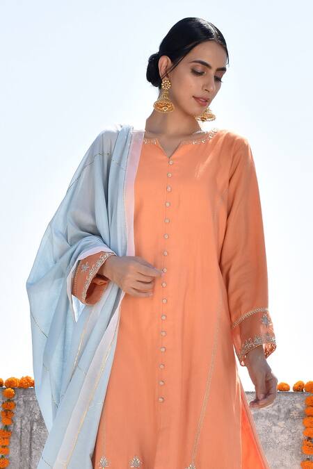 Buy_Kanika Sharma_Orange Tussar, Cotton Satin, Cotton, Silk Embroidery Hand Kurta Pant Set_Online_at_Aza_Fashions