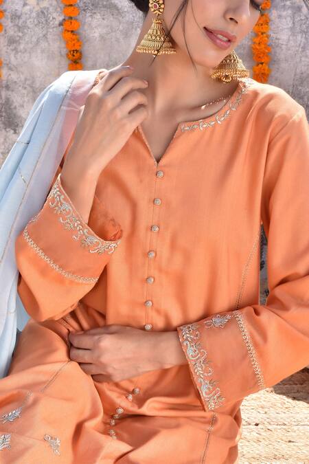 Shop_Kanika Sharma_Orange Tussar, Cotton Satin, Cotton, Silk Embroidery Hand Kurta Pant Set_Online_at_Aza_Fashions