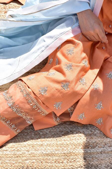 Kanika Sharma_Orange Tussar, Cotton Satin, Cotton, Silk Embroidery Hand Kurta Pant Set_at_Aza_Fashions